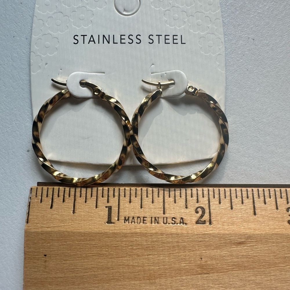 Gold Stainless Steel Braided Hoop Earrings - 1" - Picture 3 of 4